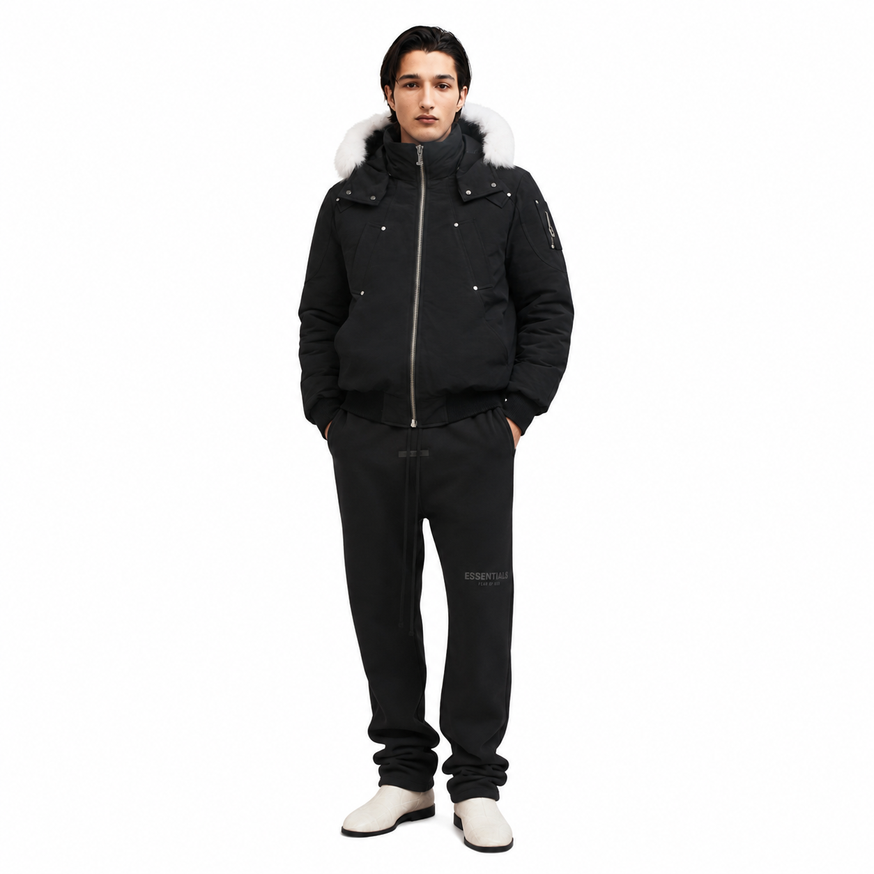 Moose Knuckles Black Down Original Ballistic Bomber Jacket (NFC)+Fear of God Essentials Core Collection Lounge Pants Black Reps - Pk Stockx