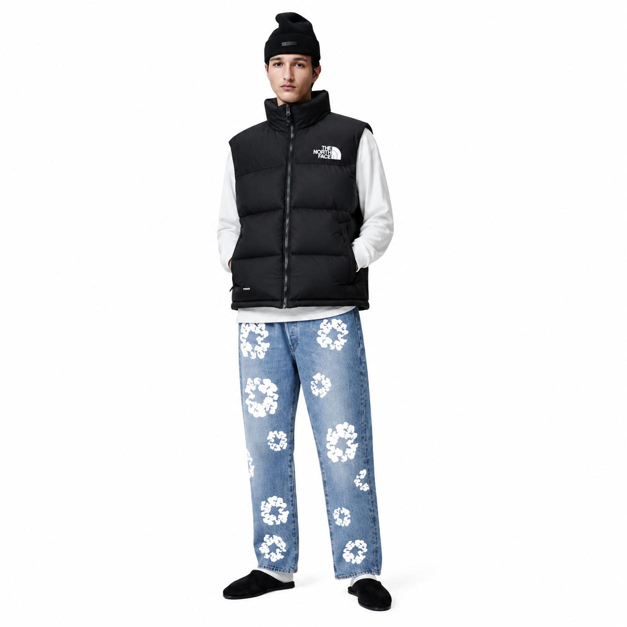 The North Face Men’s 1996 Retro Nuptse Vest Black+DENIM TEARS THE COTTON WREATH JEAN LIGHT WASH Reps - Pk Stockx