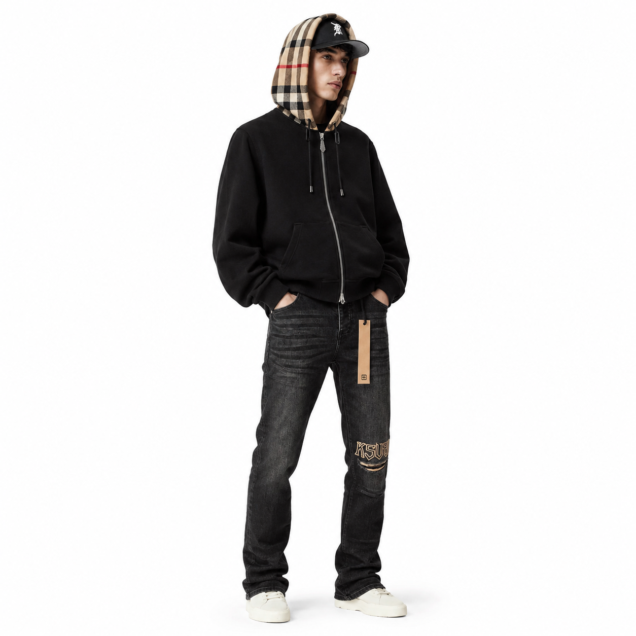 Burberry Zip Up Hoodie With Check Hood Black/Archive Beige+Ksubi Jean #3052 Reps - Pk Stockx