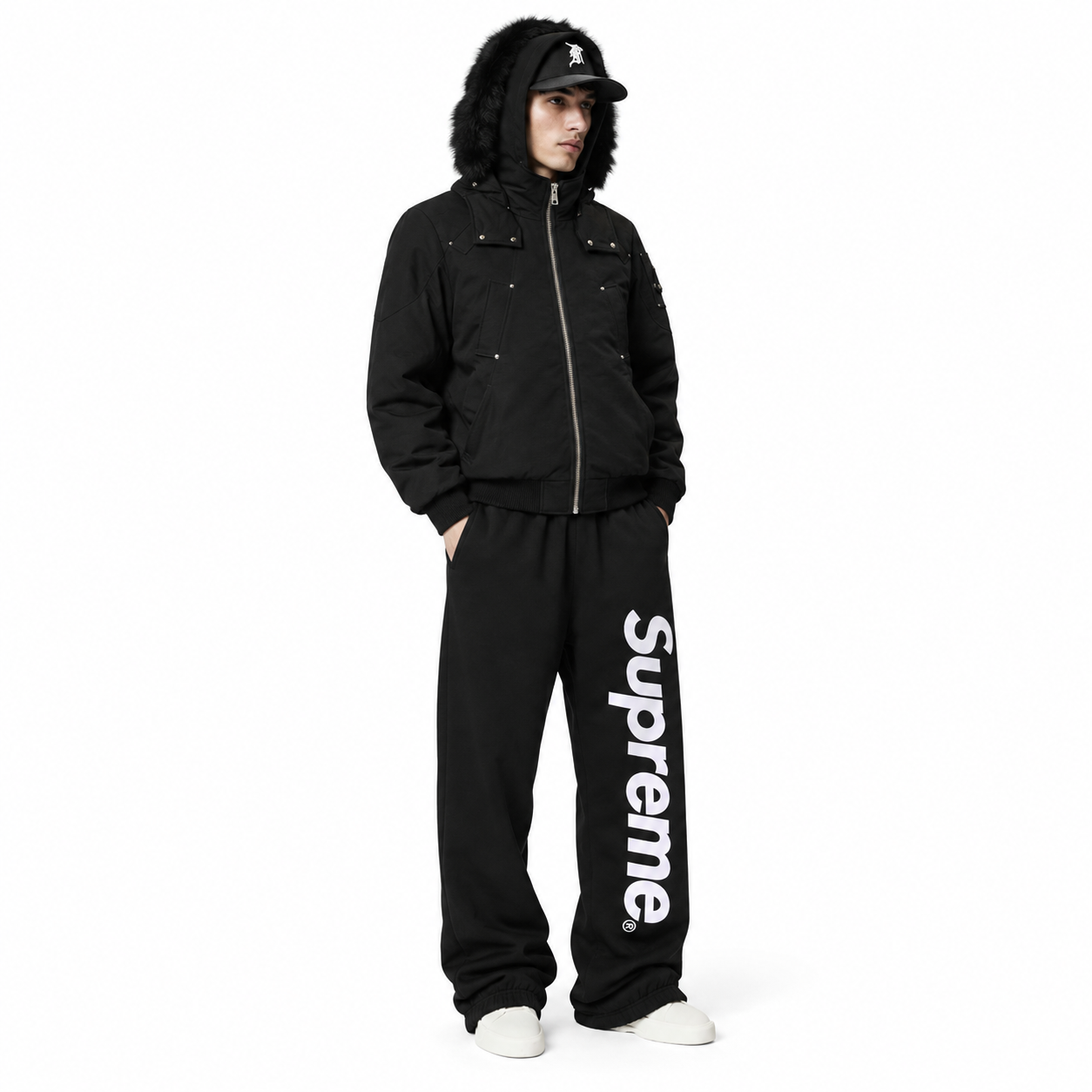 Moose Knuckles ORIGINAL 3Q FUR Black/Black (NFC)+Supreme Satin Appliqué Pants Black Reps - Pk Stockx
