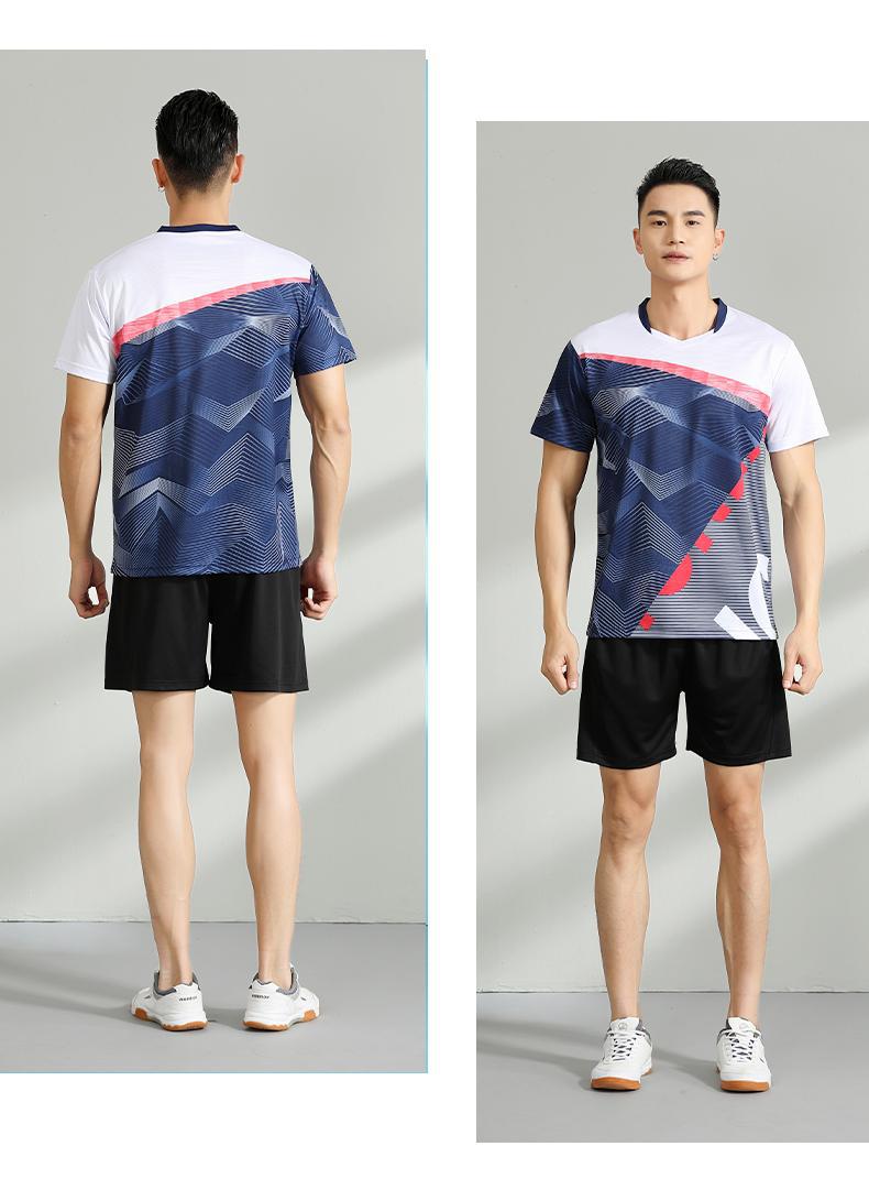 Conjunto Casal Gola V Geométrico Azul-Marinho Secagem Rápida para Badminton, Tênis e Ping Pong