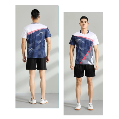 Conjunto Casal Gola V Geométrico Azul-Marinho Secagem Rápida para Badminton, Tênis e Ping Pong 01