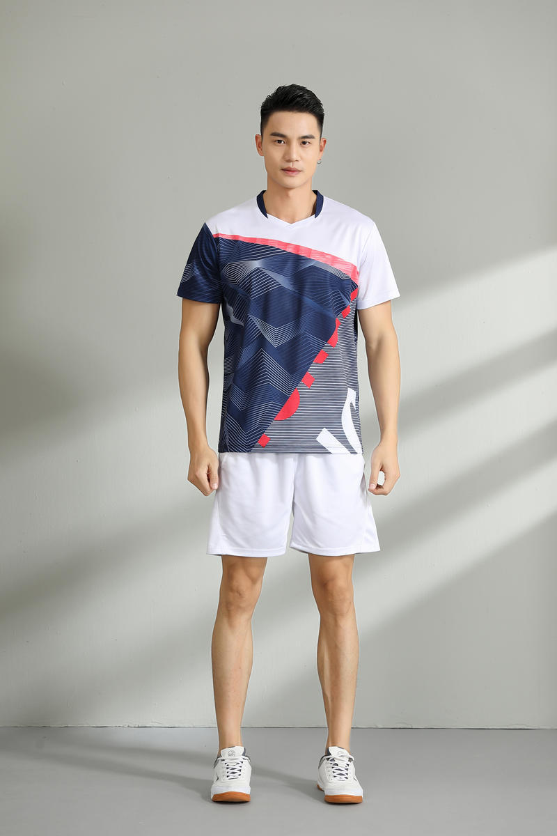 Conjunto Casal Gola V Geométrico Azul-Marinho Secagem Rápida para Badminton, Tênis e Ping Pong