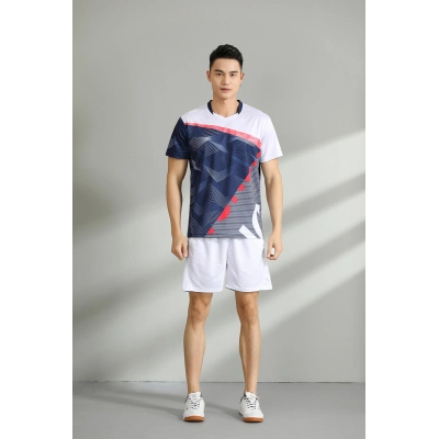 Conjunto Casal Gola V Geométrico Azul-Marinho Secagem Rápida para Badminton, Tênis e Ping Pong 02