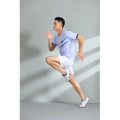 Conjunto Casal Gola V Estampa Geométrica Azul Secagem Rápida para Badminton 02
