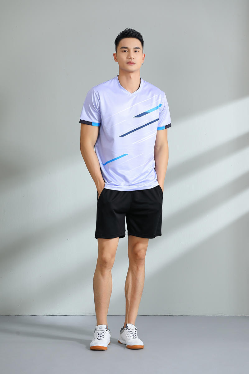 Conjunto Casal Gola V Estampa Geométrica Azul Secagem Rápida para Badminton