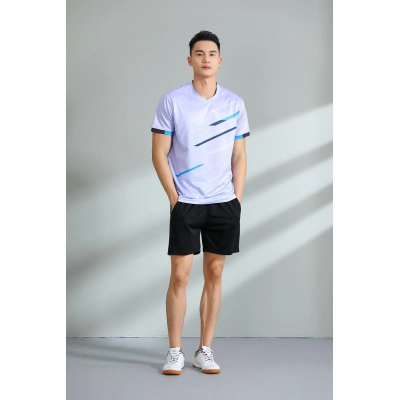 Conjunto Casal Gola V Estampa Geométrica Azul Secagem Rápida para Badminton 01