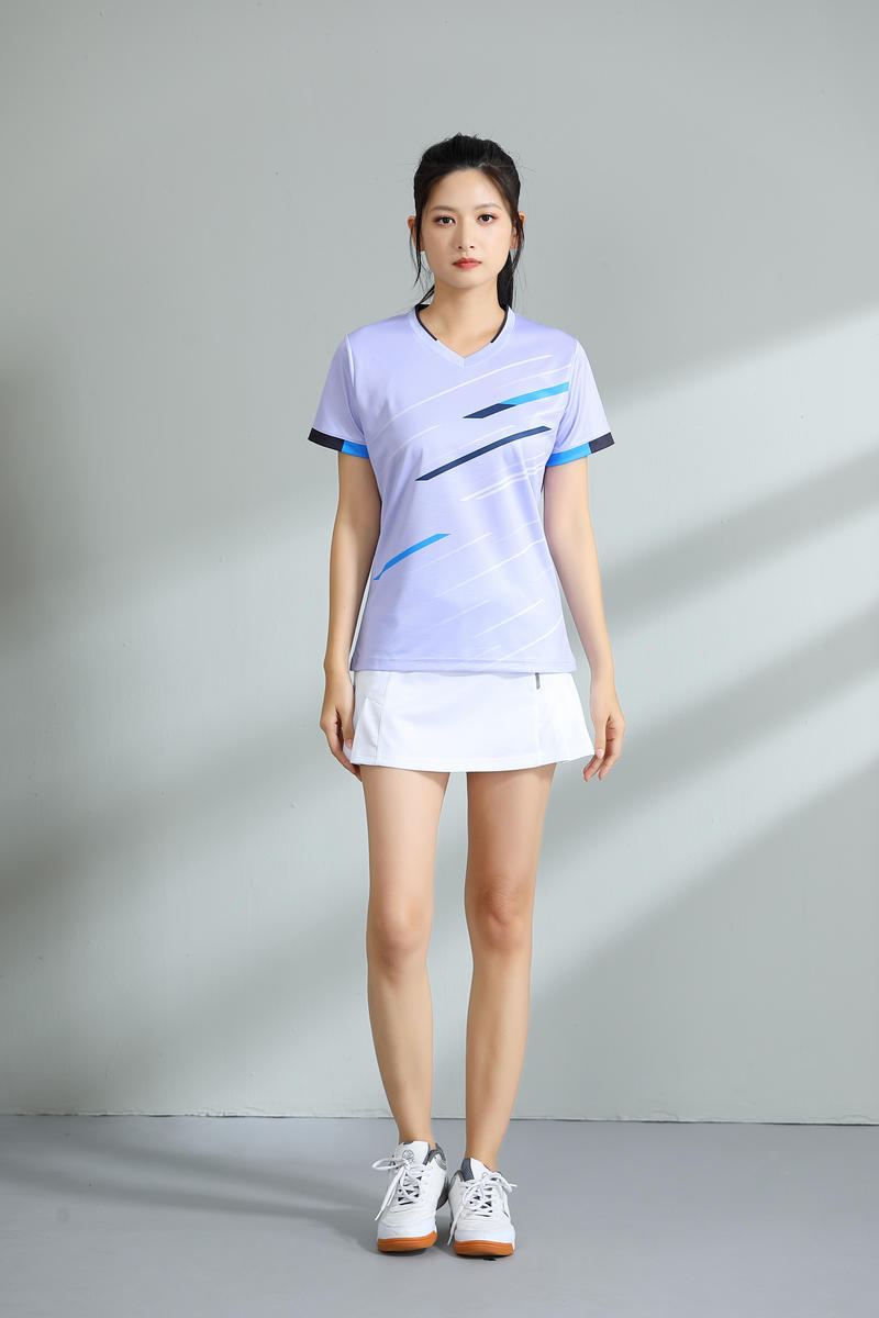 Conjunto Casal Gola V Estampa Geométrica Azul Secagem Rápida para Badminton