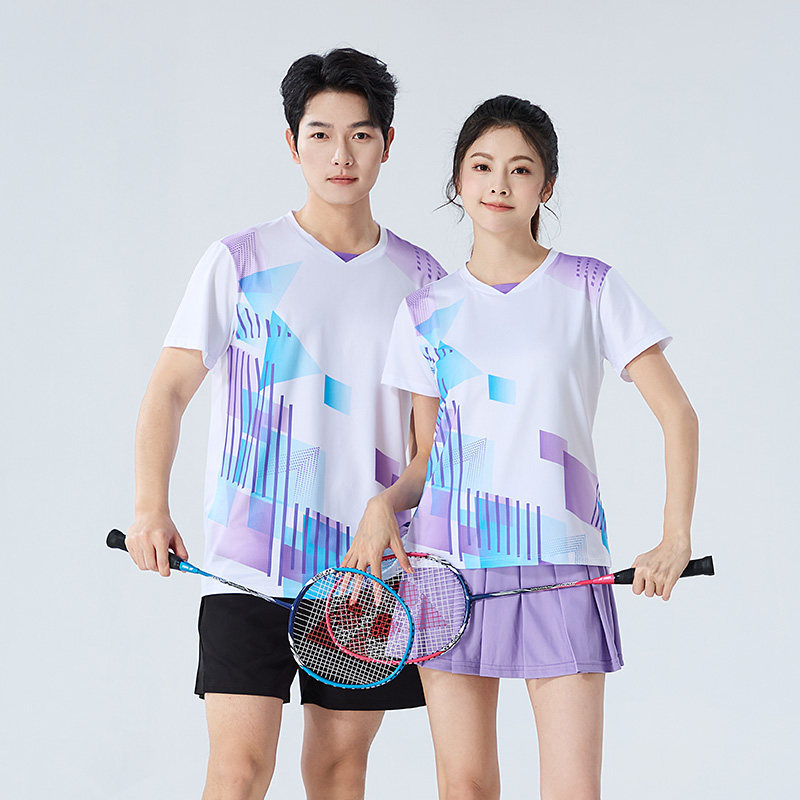 Conjunto Badminton Casal Geométrico Roxo Azul, Camiseta Gola V Secagem Rápida Masculina Feminina