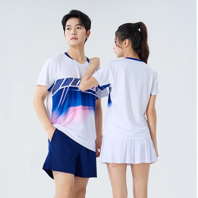 Conjunto Badminton Casal Degradê Azul Rosa Gola V, Camiseta Secagem Rápida Masculina Feminina 01