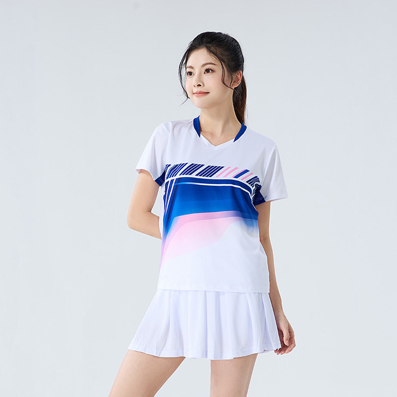 Conjunto Badminton Casal Degradê Azul Rosa Gola V, Camiseta Secagem Rápida Masculina Feminina