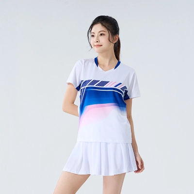 Conjunto Badminton Casal Degradê Azul Rosa Gola V, Camiseta Secagem Rápida Masculina Feminina 02