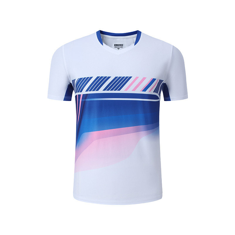 Conjunto Badminton Casal Degradê Azul Rosa Gola V, Camiseta Secagem Rápida Masculina Feminina