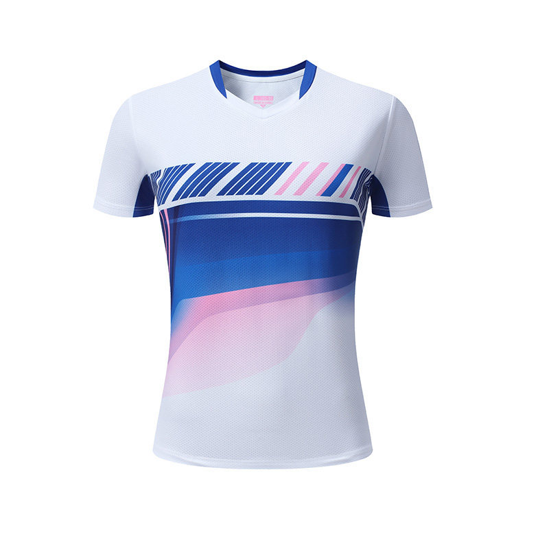 Conjunto Badminton Casal Degradê Azul Rosa Gola V, Camiseta Secagem Rápida Masculina Feminina