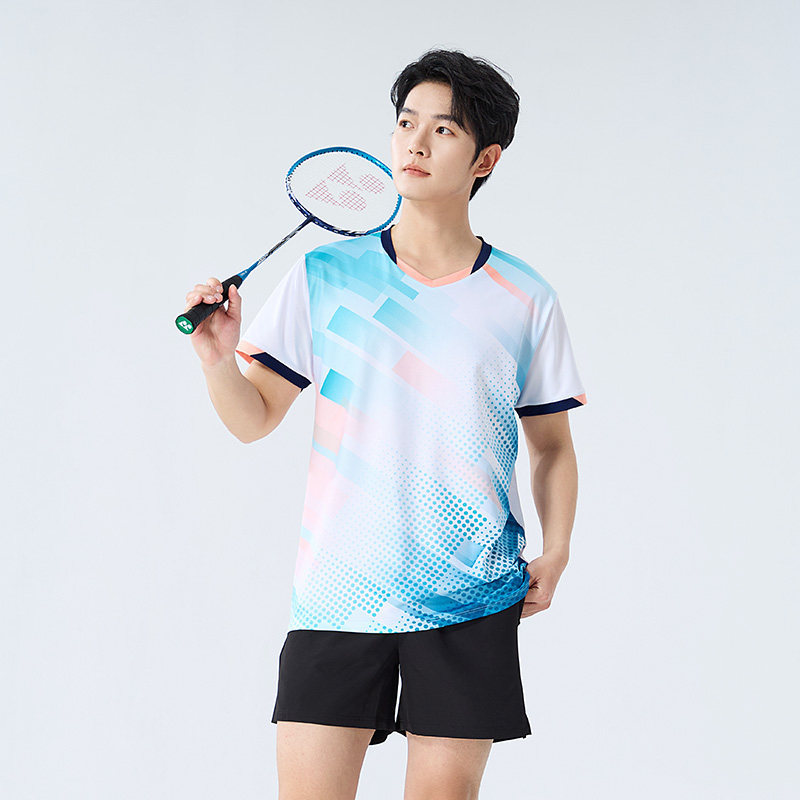 Conjunto Badminton Casal Geométrico Azul Rosa Gola V, Camiseta Secagem Rápida Masculina Feminina