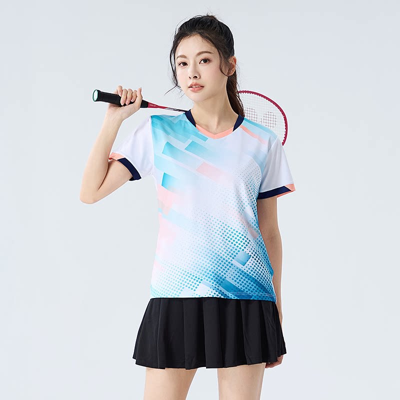 Conjunto Badminton Casal Geométrico Azul Rosa Gola V, Camiseta Secagem Rápida Masculina Feminina