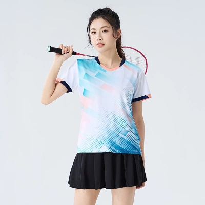 Conjunto Badminton Casal Geométrico Azul Rosa Gola V, Camiseta Secagem Rápida Masculina Feminina 02