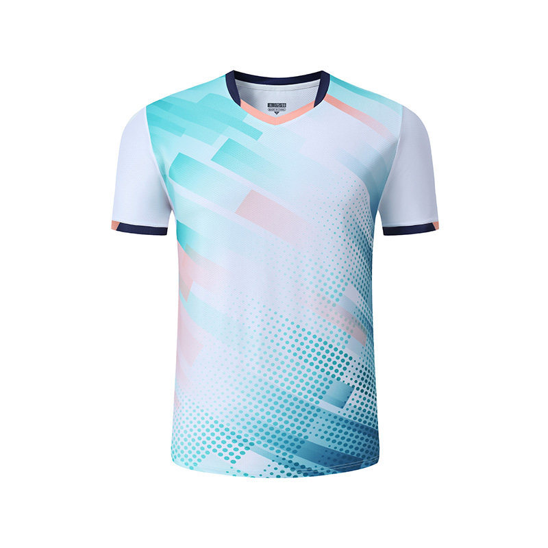 Conjunto Badminton Casal Geométrico Azul Rosa Gola V, Camiseta Secagem Rápida Masculina Feminina