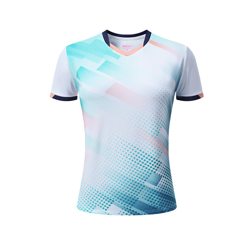 Conjunto Badminton Casal Geométrico Azul Rosa Gola V, Camiseta Secagem Rápida Masculina Feminina