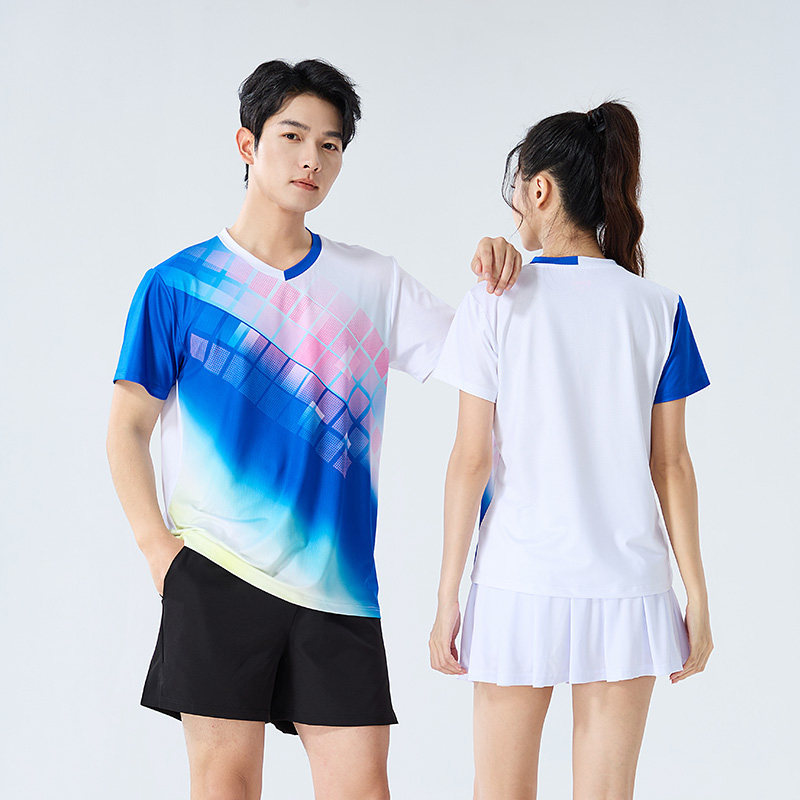 Conjunto Badminton Casal Grade Degradê Azul Rosa Gola V, Camiseta Secagem Rápida Masculina Feminina