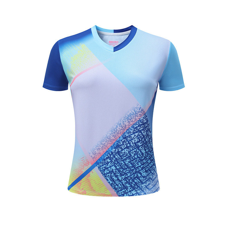 Conjunto Badminton Casal Degradê Azul Gola V, Camiseta Secagem Rápida Masculina Feminina