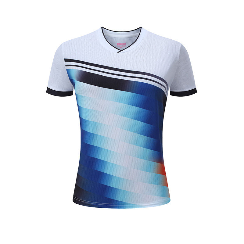 Conjunto Badminton Casal Listra Horizontal Degradê Azul Laranja Gola V, Camiseta Secagem Rápida Masculina Feminina