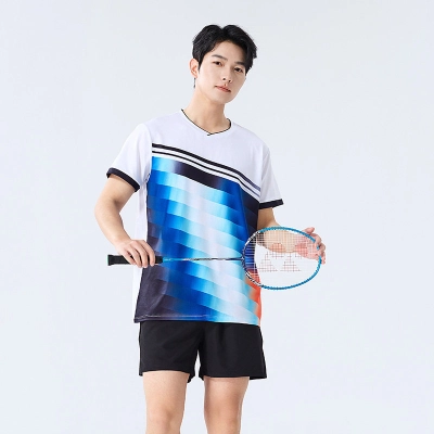 Conjunto Badminton Casal Listra Horizontal Degradê Azul Laranja Gola V, Camiseta Secagem Rápida Masculina Feminina 01