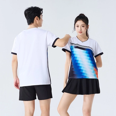 Conjunto Badminton Casal Listra Horizontal Degradê Azul Laranja Gola V, Camiseta Secagem Rápida Masculina Feminina 02