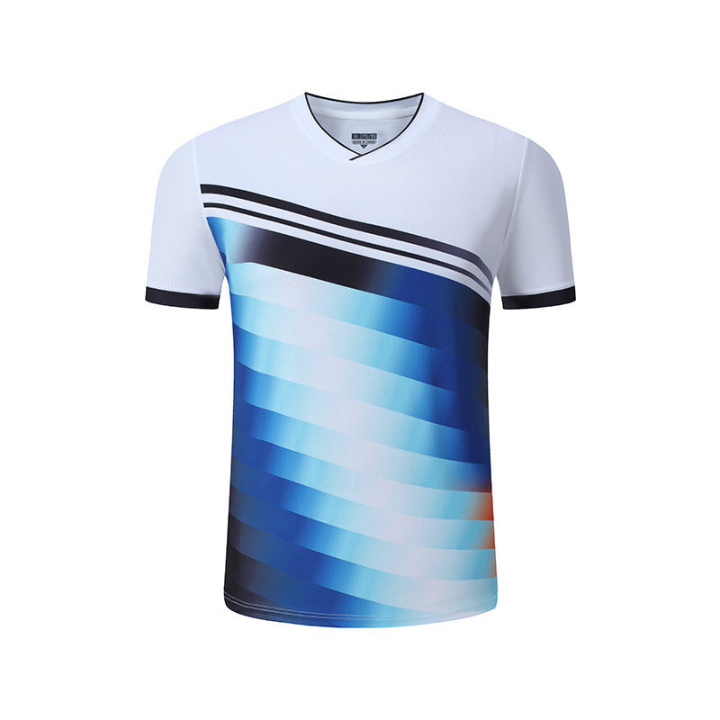 Conjunto Badminton Casal Listra Horizontal Degradê Azul Laranja Gola V, Camiseta Secagem Rápida Masculina Feminina