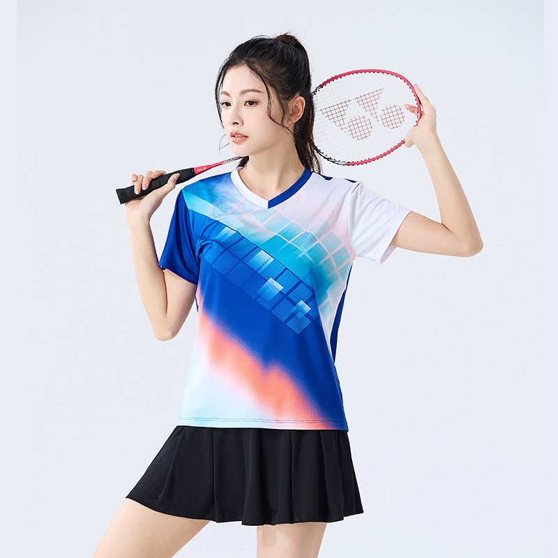 Conjunto Badminton Casal Grade Degradê Azul Laranja Gola V, Camiseta Secagem Rápida Masculina Feminina