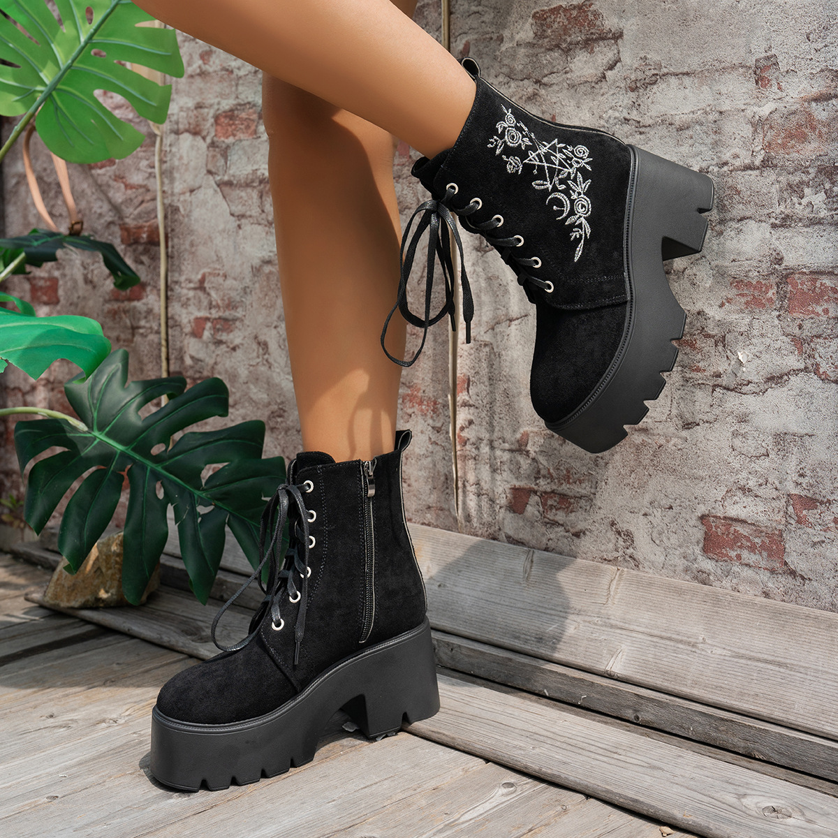Embroidered Platform Ankle Boots