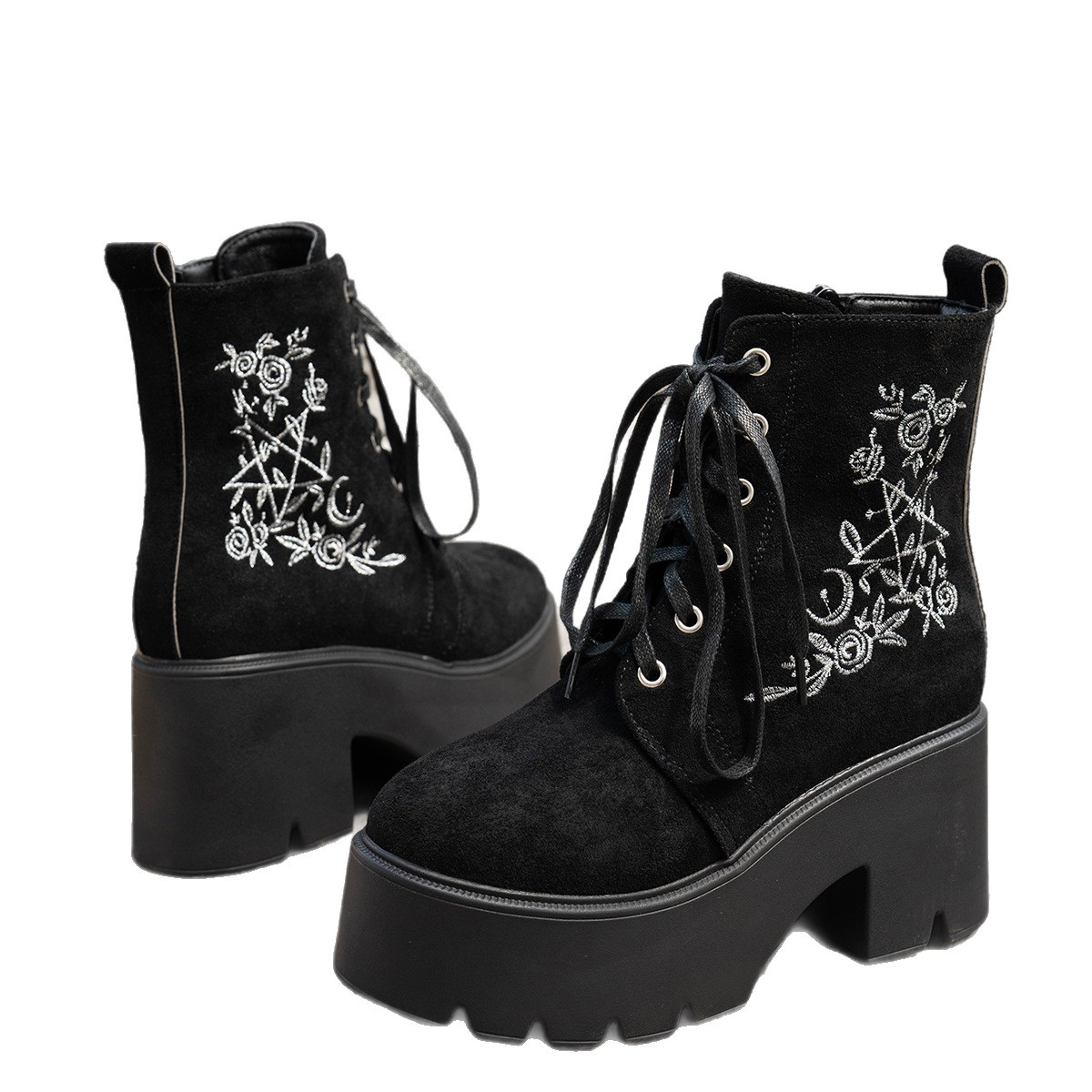 Embroidered Platform Ankle Boots