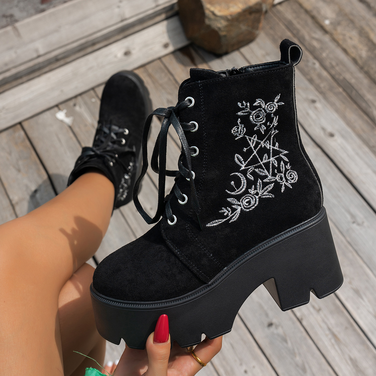Embroidered Platform Ankle Boots