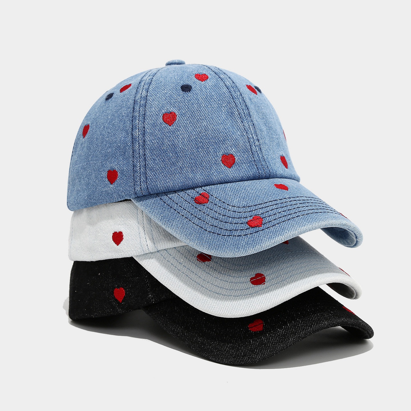 Women Heart Embroidered Denim Baseball Cap