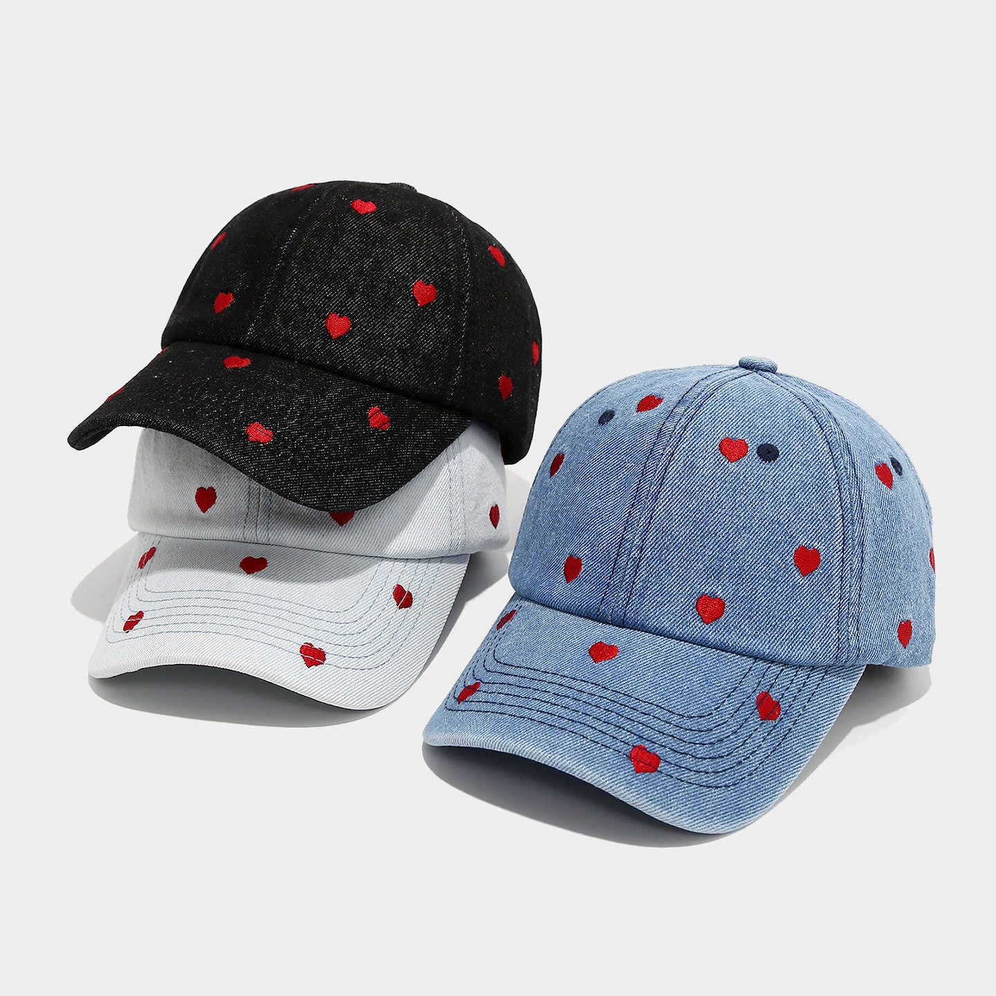 Women Heart Embroidered Denim Baseball Cap