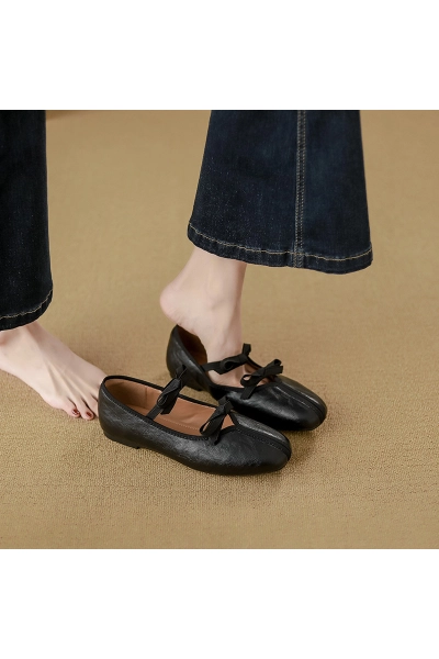 Women's Square Toe Retro Bow Genuine Leather Mary Jane Shoes, Low Heel French Ballet Style Slip-on Flats 02