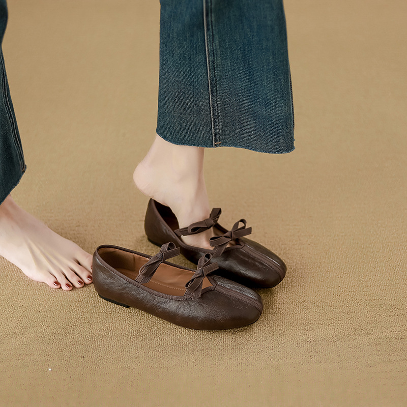 Women's Square Toe Retro Bow Genuine Leather Mary Jane Shoes, Low Heel French Ballet Style Slip-on Flats