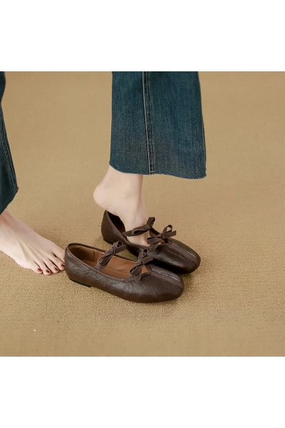 Women's Square Toe Retro Bow Genuine Leather Mary Jane Shoes, Low Heel French Ballet Style Slip-on Flats 01
