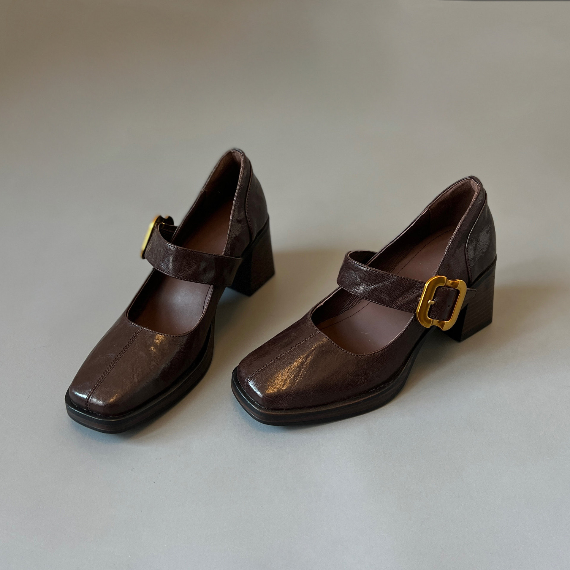 Genuine Leather Retro High Heel Mary Jane Shoes, Square Toe Soft Leather Single Shoes, Platform Block Heel Low-Cut Shoes
