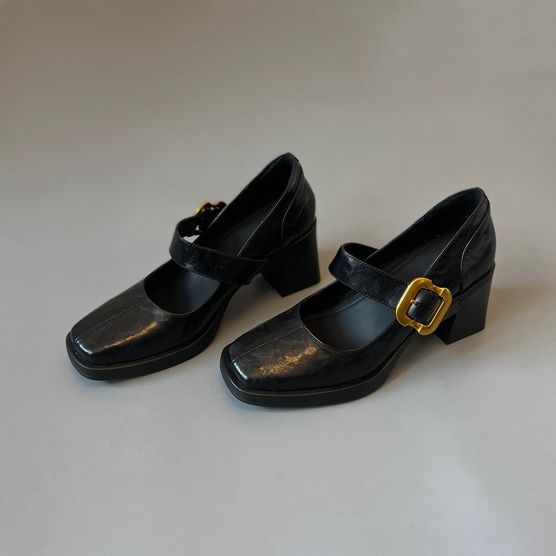 Genuine Leather Retro High Heel Mary Jane Shoes, Square Toe Soft Leather Single Shoes, Platform Block Heel Low-Cut Shoes