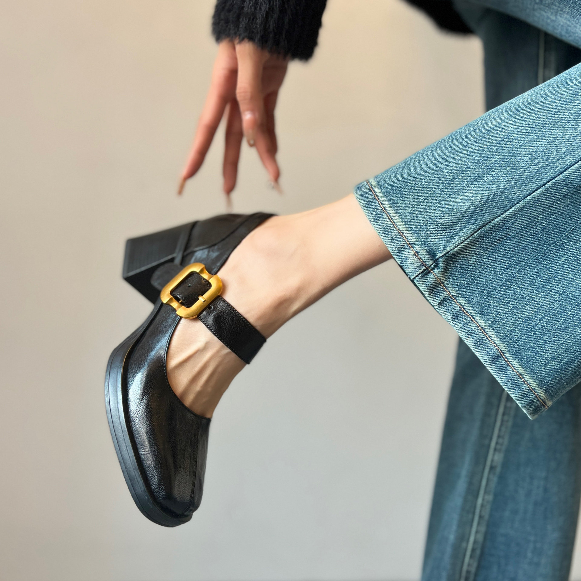 Genuine Leather Retro High Heel Mary Jane Shoes, Square Toe Soft Leather Single Shoes, Platform Block Heel Low-Cut Shoes