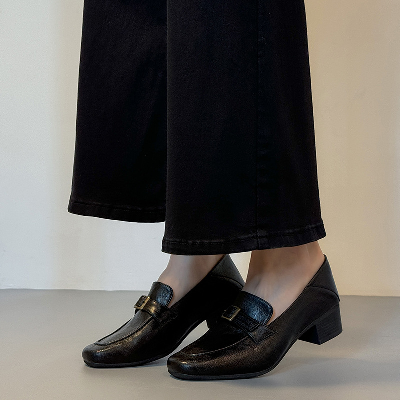 Genuine Leather Square Toe Loafers, Block Heel French Style Shoes, Versatile British Style Leather Slip-ons for Commute