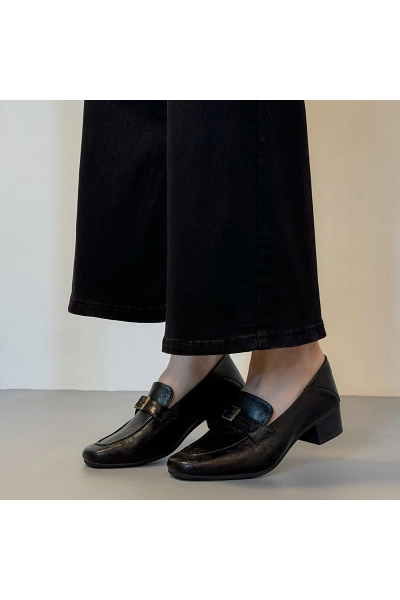 Genuine Leather Square Toe Loafers, Block Heel French Style Shoes, Versatile British Style Leather Slip-ons for Commute 01