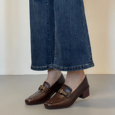 Genuine Leather Square Toe Loafers, Block Heel French Style Shoes, Versatile British Style Leather Slip-ons for Commute 02