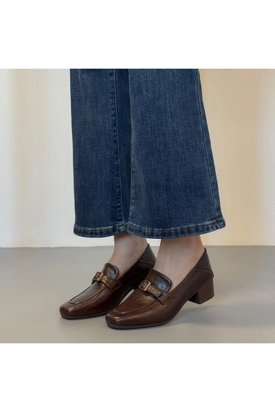 Genuine Leather Square Toe Loafers, Block Heel French Style Shoes, Versatile British Style Leather Slip-ons for Commute 02