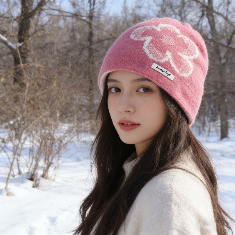 Winter Flower Jacquard Knitted Beanie, Warm All-Match Woolen Hat,