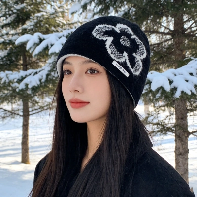 Winter Flower Jacquard Knitted Beanie, Warm All-Match Woolen Hat, 02