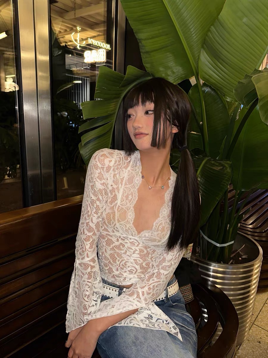 Women's Sexy V-Neck Sheer White Lace Flare Sleeve Slim Fit Elegant Lace Top