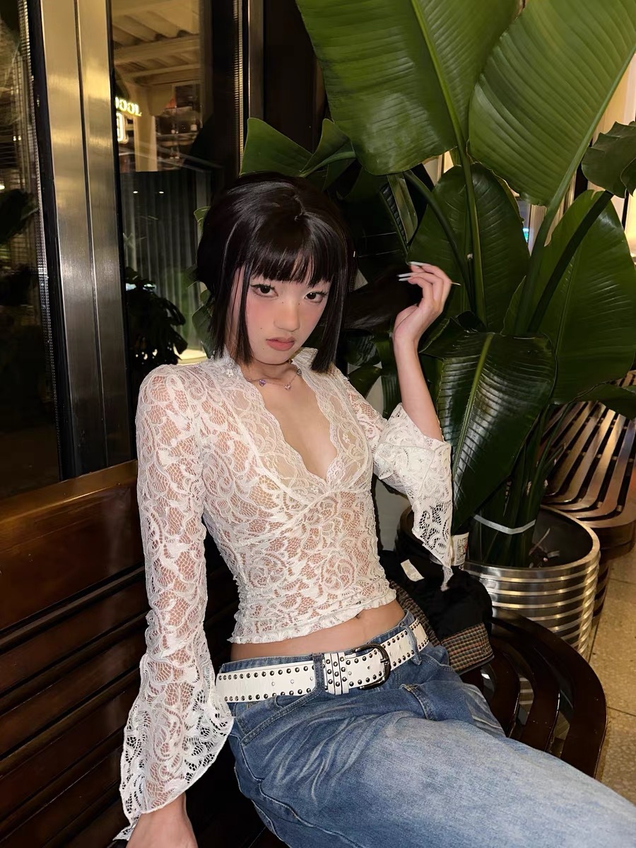 Women's Sexy V-Neck Sheer White Lace Flare Sleeve Slim Fit Elegant Lace Top