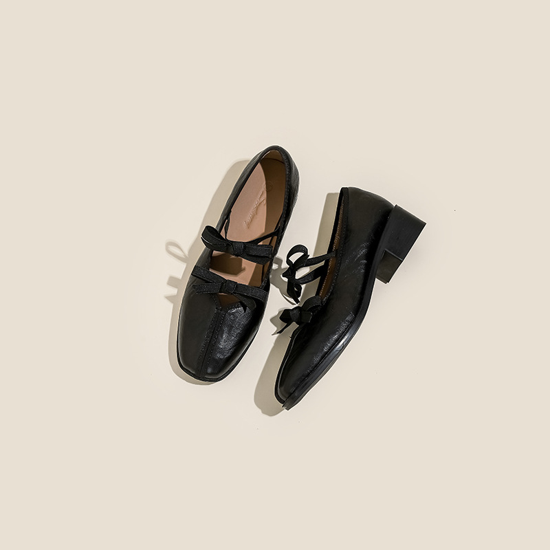 Genuine Leather Version Women's French Style Flat Shoes, New Ballet Shoes with Bow for Dresses, Retro Mary Jane Shoes